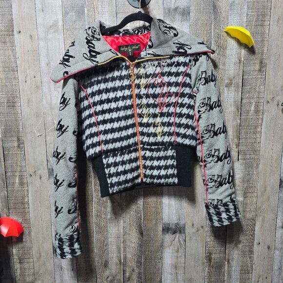 Baby Phat Vintage Y2K Bling Embroidered Grey and Black Moto Jacket - Picture 1 of 7